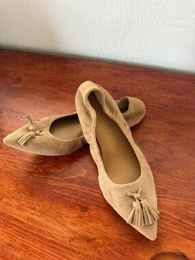 J. Crew Pointed Suede Tassel Flats in Tan